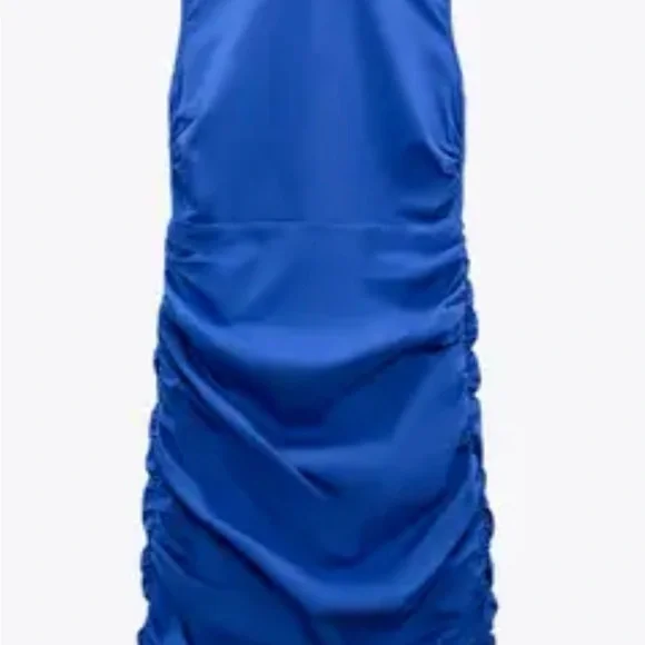 ZARA Mock neck fitted ruched stretch poplin mini dress - Picture 1 of 5